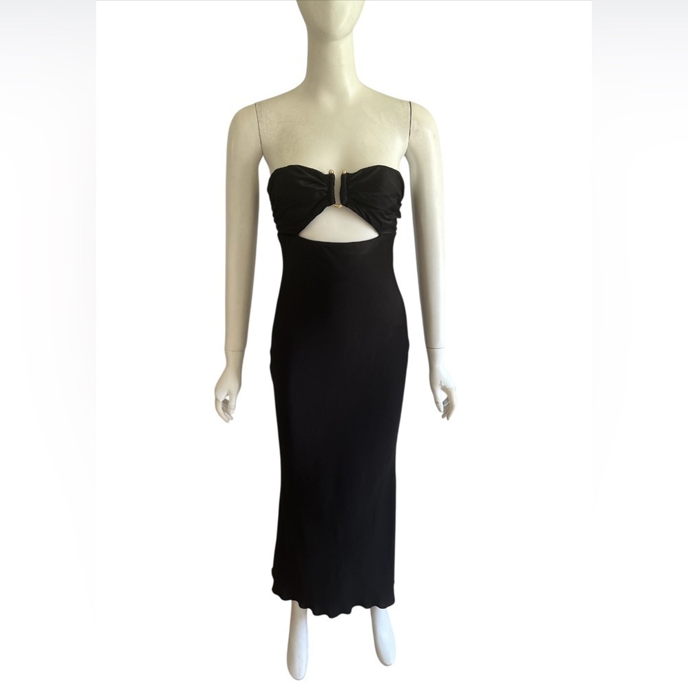 Shona Joy Dress Size AU 6 US 2 Camille Black Cut Out Midi Dress Satin Cocktail - Picture 4 of 10